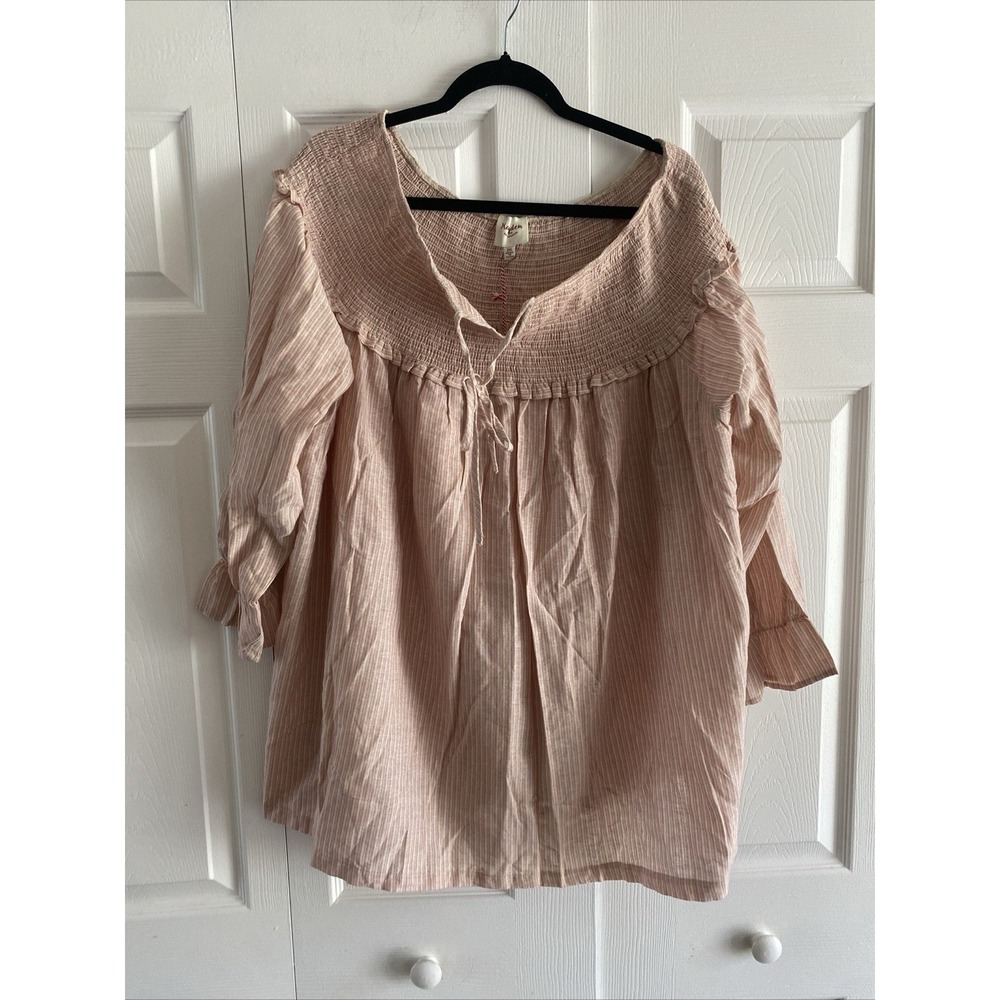 Hayden Los Angeles Smocked‎ Peasant Blouse Womens 2XL Pink Striped Boho Cotton